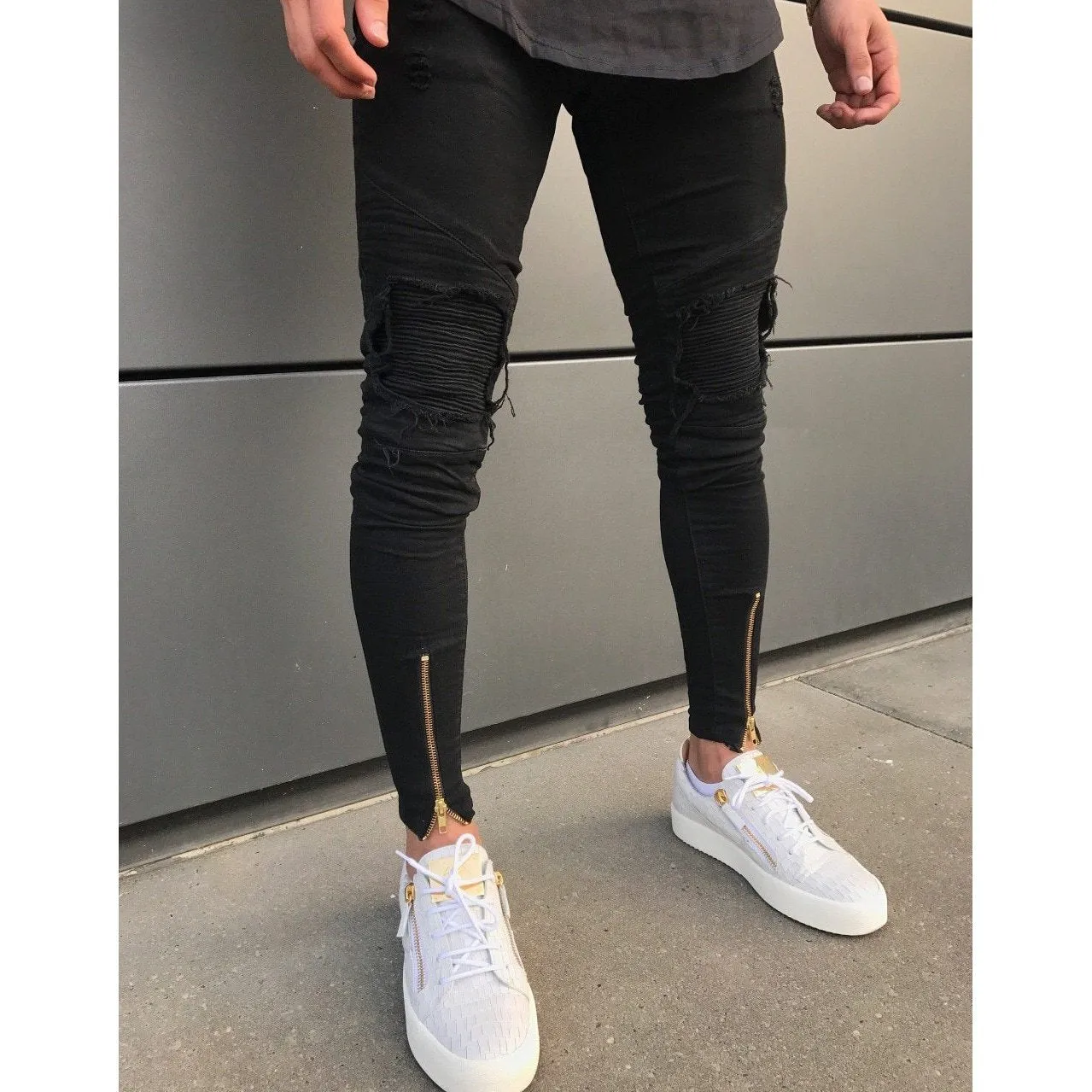 Premium Ripped Ankle Zipper Black Biker Jeans