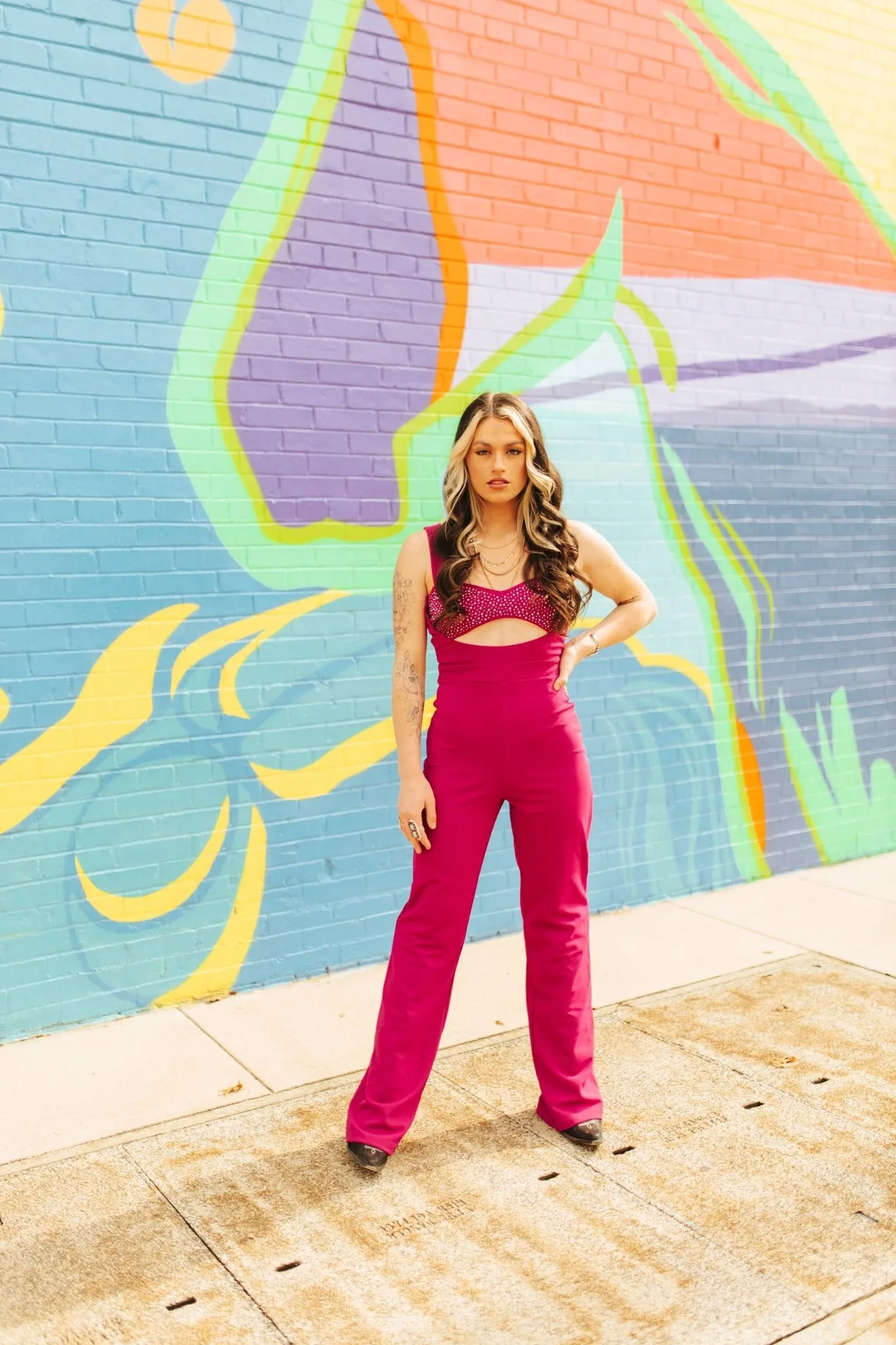 Rhinestone Cut Out Jumpsuit - Magenta