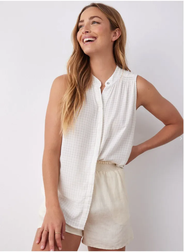 Sleeveless Smocked Button Down