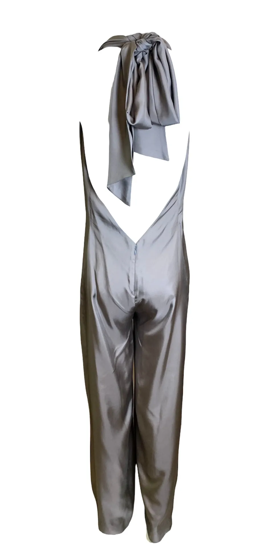 Stella McCartney Pewter Silver Silk Twill Halter Tie Neck Jumpsuit