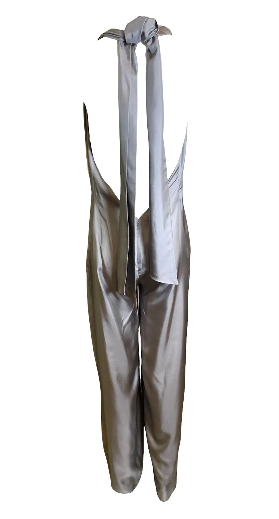 Stella McCartney Pewter Silver Silk Twill Halter Tie Neck Jumpsuit