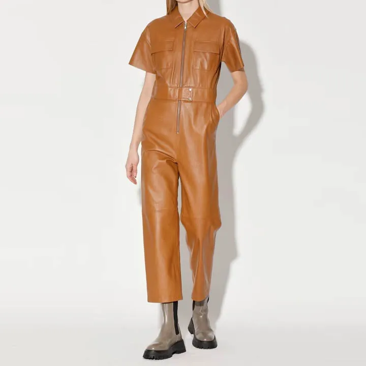 Women Tan Leather Jumpsuit in Half Sleeves