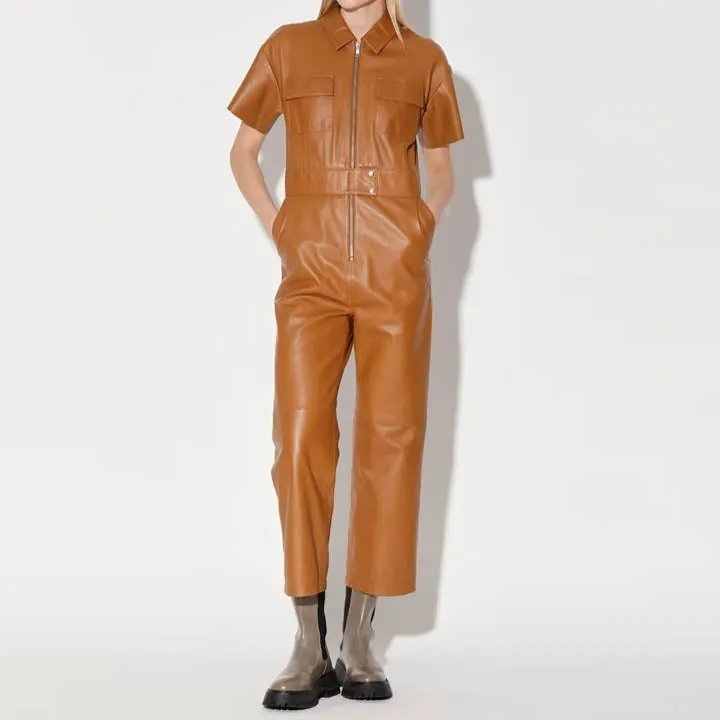 Women Tan Leather Jumpsuit in Half Sleeves