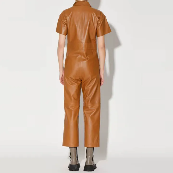 Women Tan Leather Jumpsuit in Half Sleeves