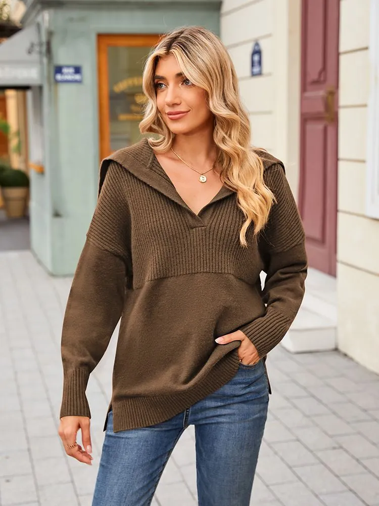 Women's Lapel Collar V Neck Long Sleeve Ribbed Knit Pullover Jumper Tops